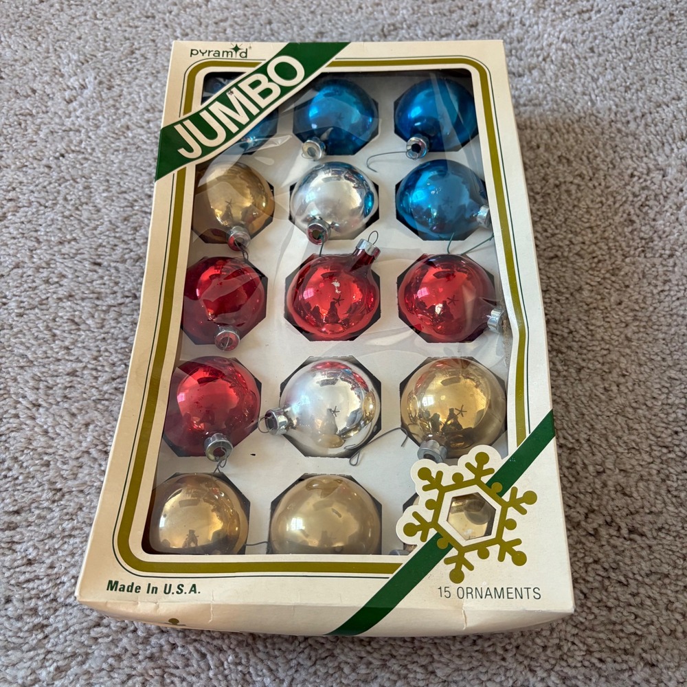 Pyramid Jumbo Christmas Ornaments 15pc Red Blue Silver Gold Made in USA‎ Vintage